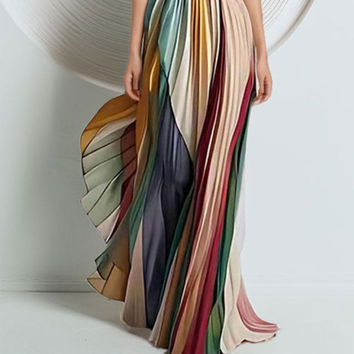 Damen Elegantes Maxikleid mit gerafftem Oberteil und farbenfrohem Streifenmuster Drune