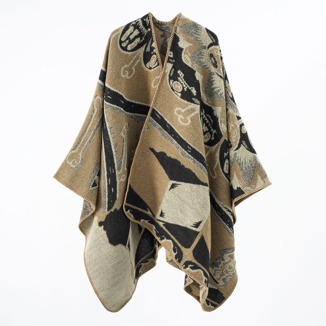 Damen Jacquard-Überwurfponcho mit musikalischem Ornament und Rollkante Drune
