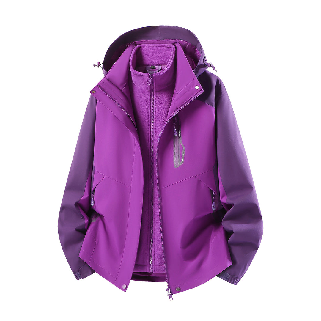 Damen wasserabweisende dreiteilige Outdoorjacke mit herausnehmbarer Fleece-Innenjacke, verstellbarer Kapuze und Reißverschlusstaschen Drune