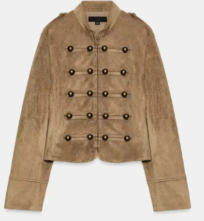 Damen Cropped Velourslederblouson im Military‑Look mit dekorativer Paradeknopfleiste Drune