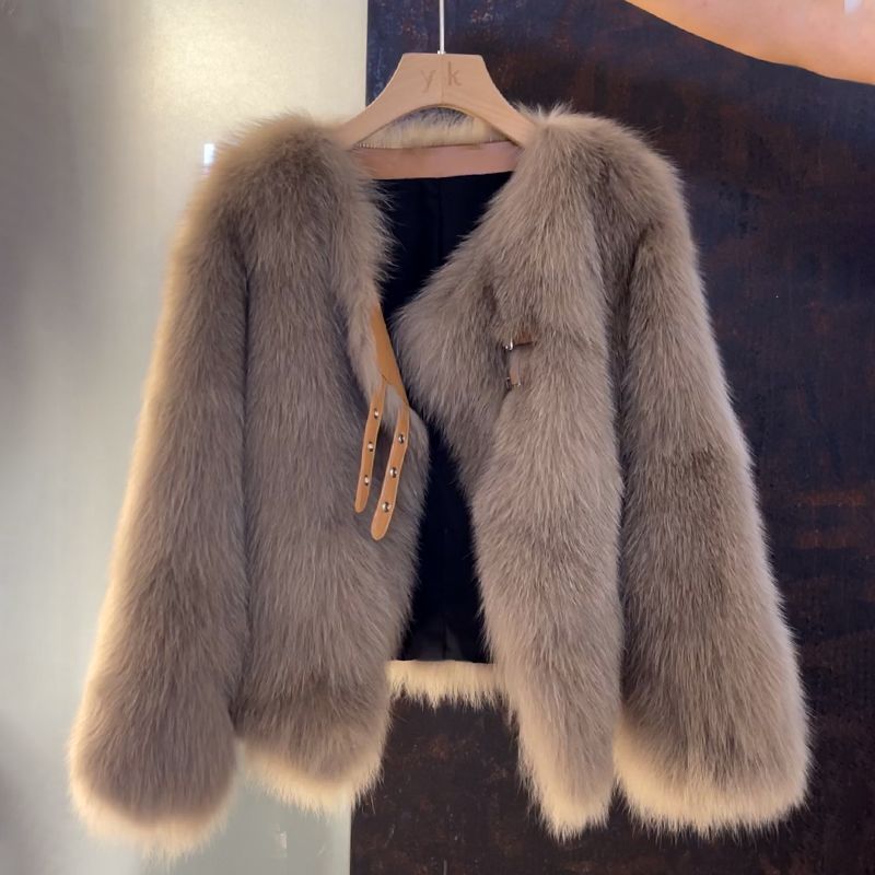 Damen kuschelige Kunstfelljacke mit elegantem Schnitt und dekorativen Schnallen Drune