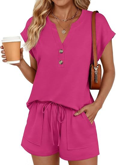 Damen Lässiges zweiteiliges Lounge-Set mit Knopfleiste, Kordelzugshorts und Eingrifftaschen Drune