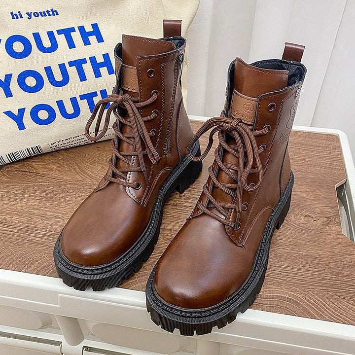 Damen nan knöchelhohe Combat-Boots in Lackoptik mit robuster Profilsohle und seitlichem Reißverschluss Drune
