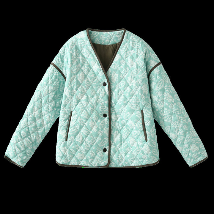 Damen Steppjacke mit Paisley‑Muster, V‑Ausschnitt und kontrastierender Paspelierung Drune