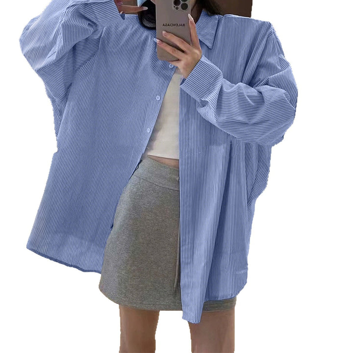 Damen nan oversized Hemd mit feiner Nadelstreifenstruktur, Kentkragen, abgerundetem Saum und geknöpften Manschetten Drune