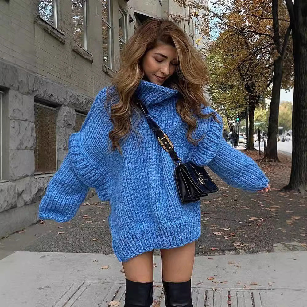Damen Oversize Grobstrickpullover mit hohem Rollkragen Drune