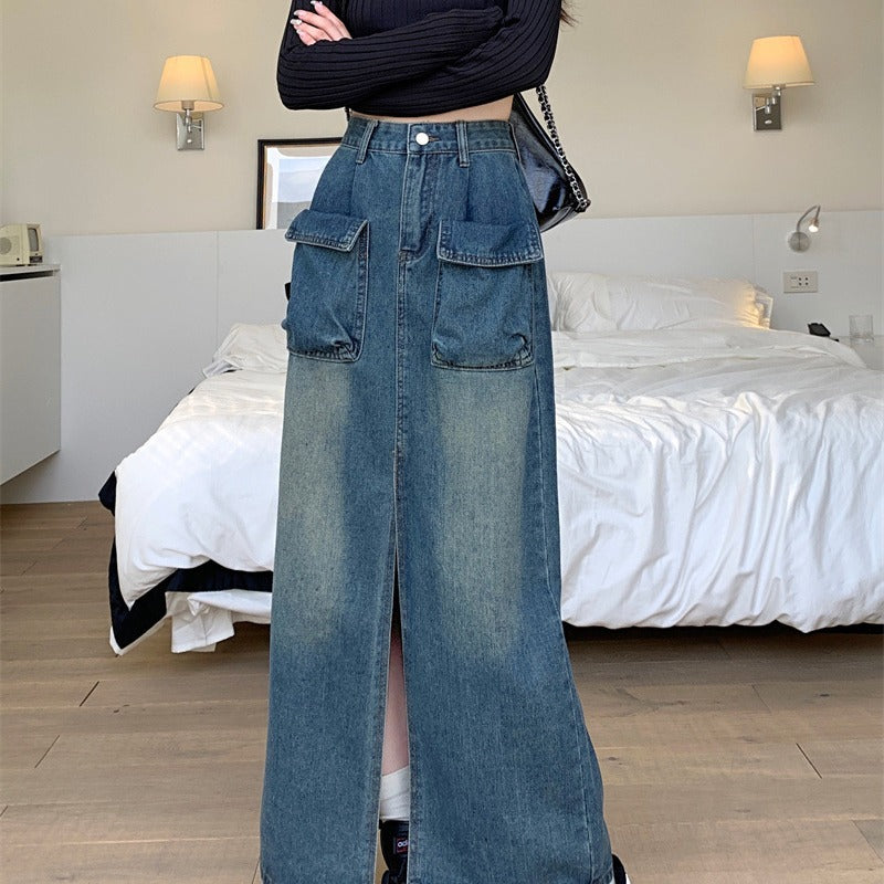 Damen Langer Denimrock mit praktischen aufgesetzten Taschen Drune
