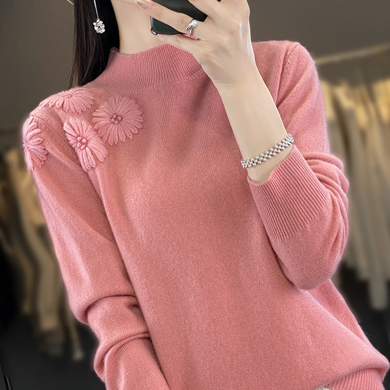 Damen Weicher Feinstrickpullover mit kurzem Stehkragen, 3D‑Blütenapplikation und gerippten Bündchen Drune
