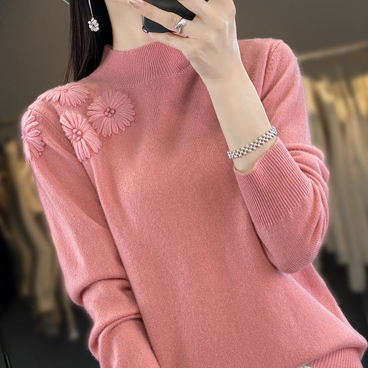 Damen Weicher Feinstrickpullover mit kurzem Stehkragen, 3D‑Blütenapplikation und gerippten Bündchen Drune