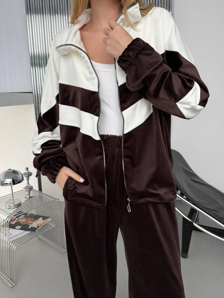 Damen Retro-inspiriertes Samt-Trackset mit Chevron-Design, Stehkragen und weiter High-Waist-Jogger Drune