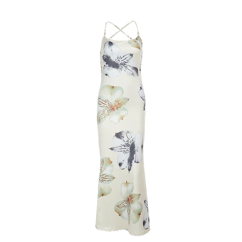Damen elegantes Maxikleid mit floralem Muster und verstellbaren Spaghetti-Trägern Drune
