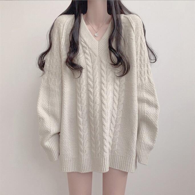 Damen Großer Strickpullover mit V-Ausschnitt und großem Zopfmuster Drune