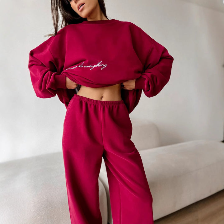 Damen Oversized Sweatshirt und hochgeschnittene Jogginghose Loungewear-Set aus weichem Baumwollfleece mit elastischem Bund Drune