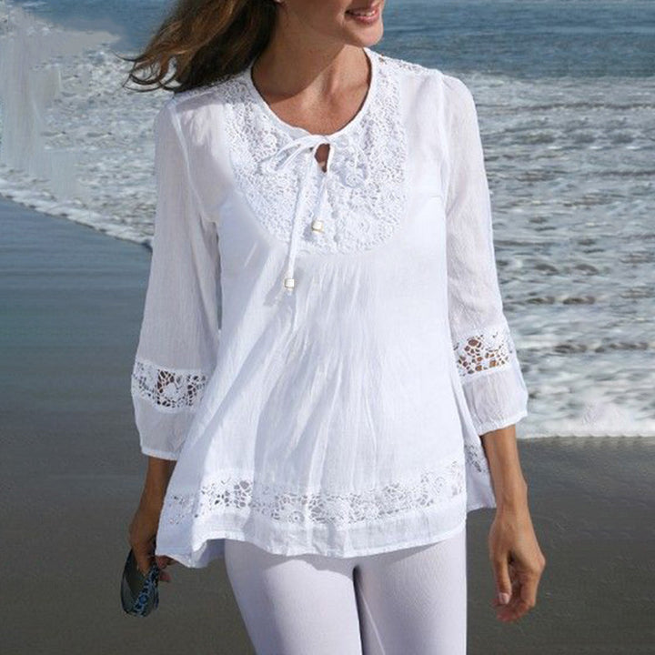 Damen Lässige Tunika-Bluse mit Häkelspitze, Bindekragen und dreiviertel Ärmeln Drune
