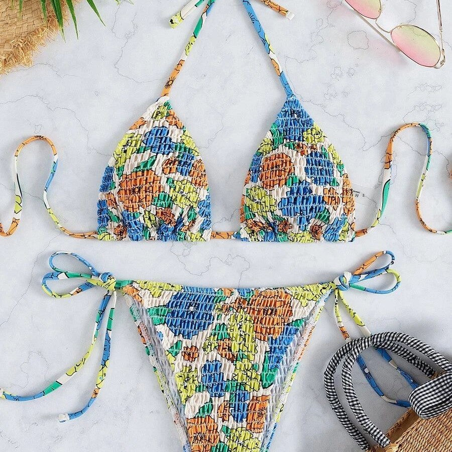 Damen Triangel-Bikini mit buntem Floral-Muster und elastischen Bindebändern Drune