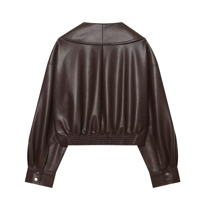Damen Cropped Lederoptik-Blouson mit übergroßem Schalkragen und asymmetrischem Taillengürtel Drune