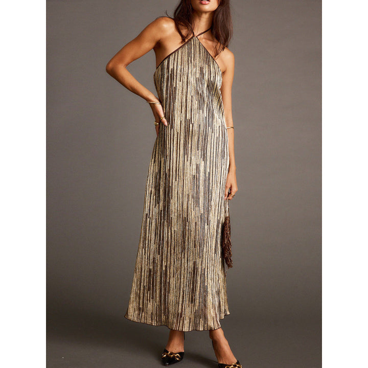 Damen Elegantes Maxikleid mit schimmerndem Streifenmuster und Rückenbindeband Drune