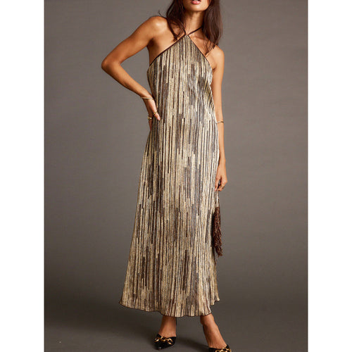 Damen Elegantes Maxikleid mit schimmerndem Streifenmuster und Rückenbindeband Drune