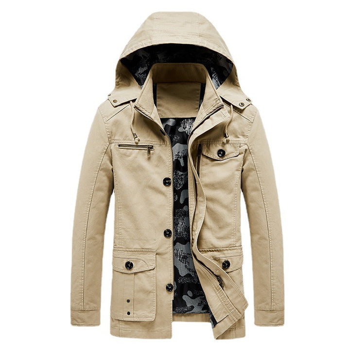 Herren mittellange Canvas-Fieldjacke mit Kapuze, Cargo‑Taschen und Camouflage‑Innenfutter Drune
