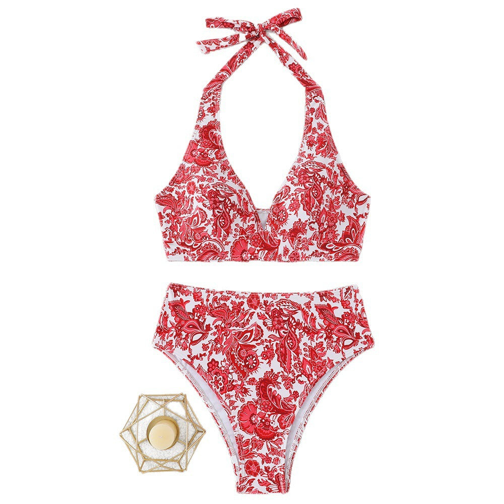 Damen Hochtailliertes Bikini-Set mit floralem Design und verspieltem Halteroberteil Drune