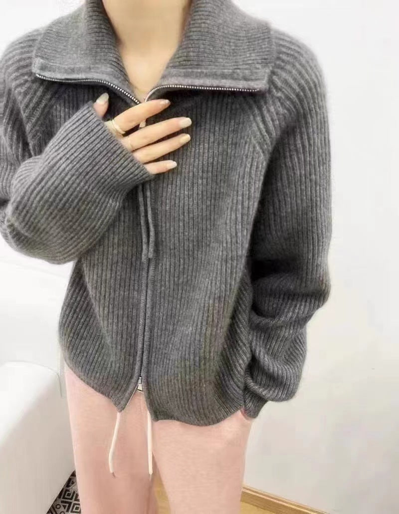 Damen Oversize-Strickjacke mit Reißverschluss, Stehkragen und gerippter Struktur Drune