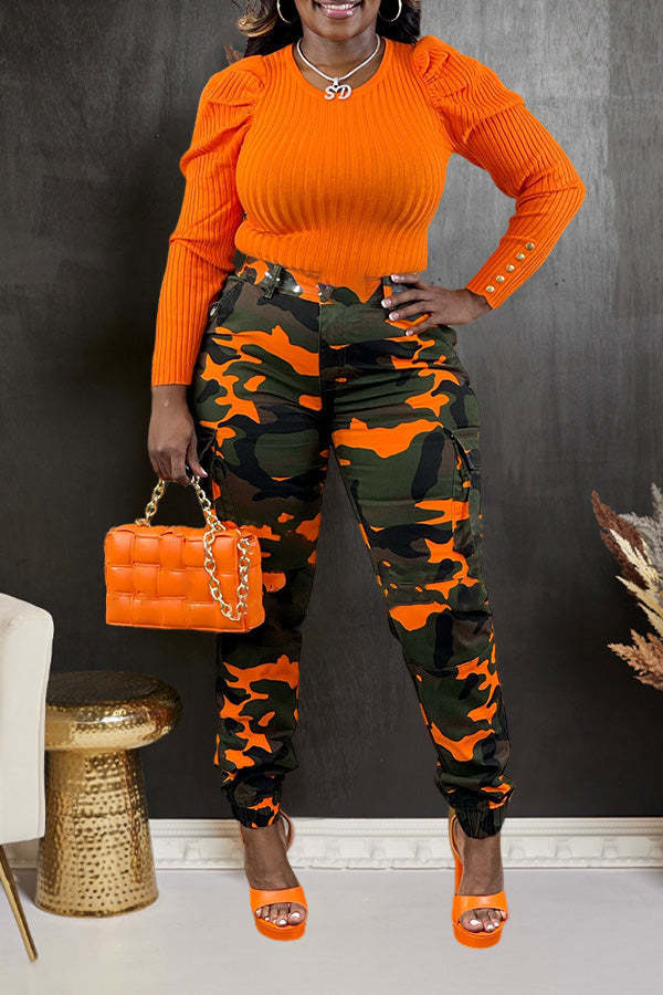 Damen Cargo-Hose mit Camouflage-Muster und hohem Bund Drune