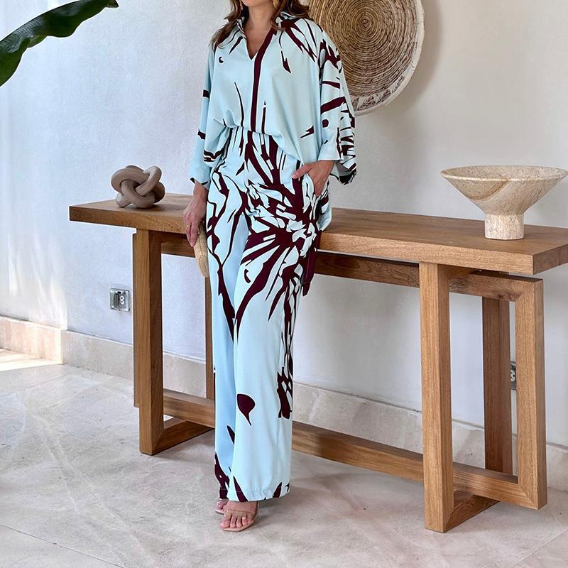 Damen Gemustertes Kimono-Lounge-Set mit weitem Palazzohose aus leichtem Viskose-Mix Drune