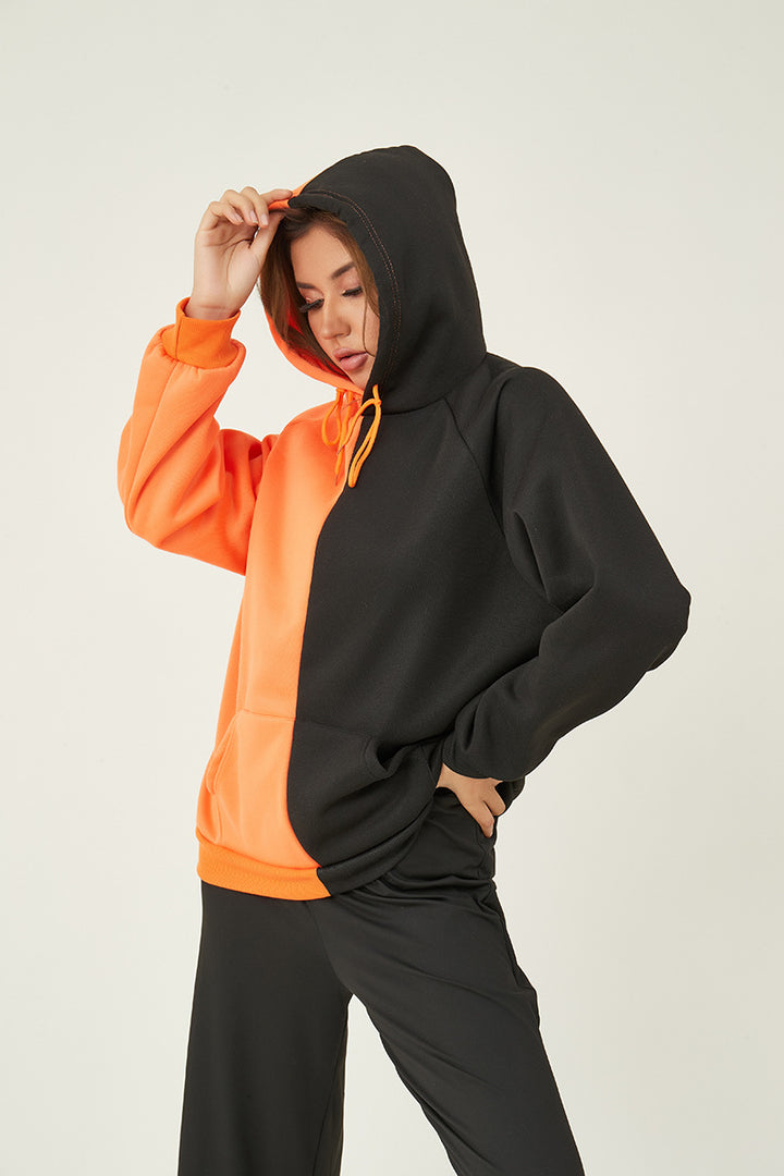 Damen nan Kapuzenpullover mit kontrastreichem Blockdesign, Oversize-Schnitt und Kängurutasche Drune