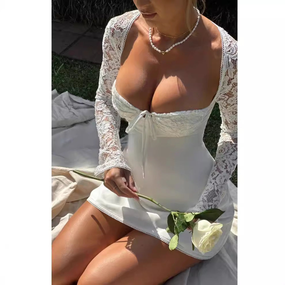 Damen Elegantes Spitzenkleid mit tiefem Ausschnitt und langen Ärmeln Drune