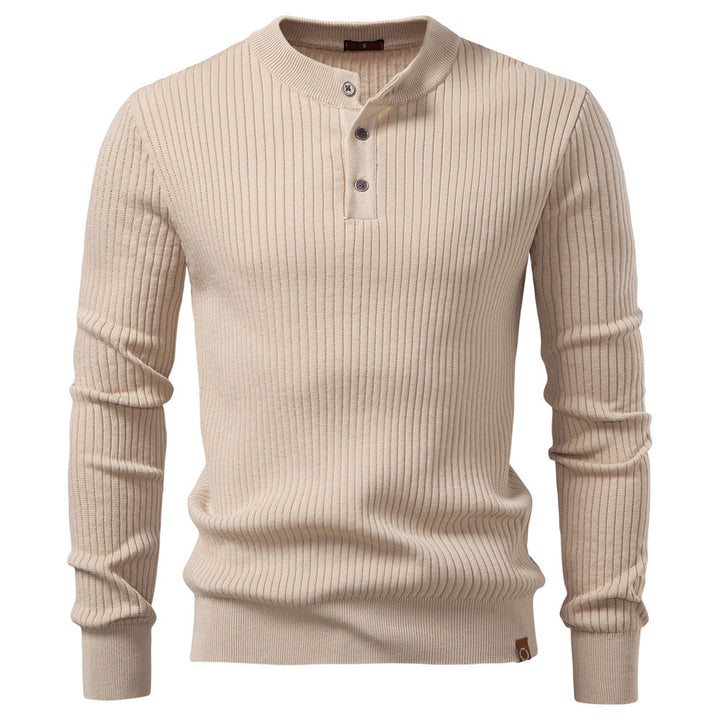 Herren nan gerippter Langarm-Henleypullover mit Stehkragen, feinem Rippstrick und schmaler Passform Drune