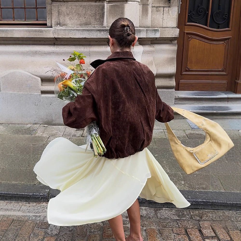 Damen Kurz geschnittener Veloursleder-Blouson mit hohem Stehkragen, kastiger Oversize‑Silhouette und verdecktem Reißverschluss Drune
