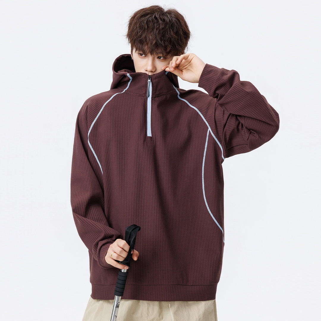 Unisex Oversize Waffelstruktur-Halbzip-Hoodie mit Raglanärmeln und Kontrastpaspeln Drune