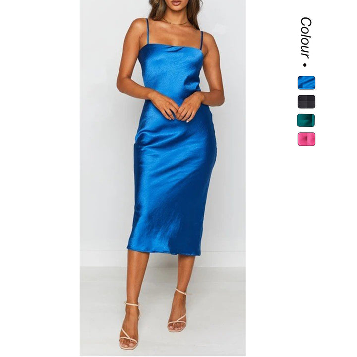 Damen Satin-Midikleid mit schmalen Spaghettiträgern und elegantem Schnitt Drune