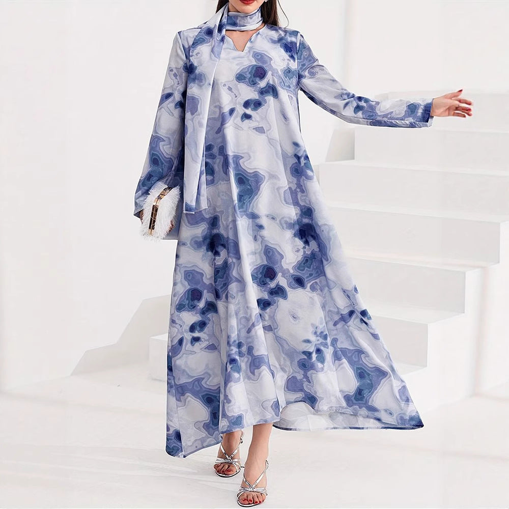 Damen Maxikleid mit kunstvollem Muster und elegantem Stehkragen Drune