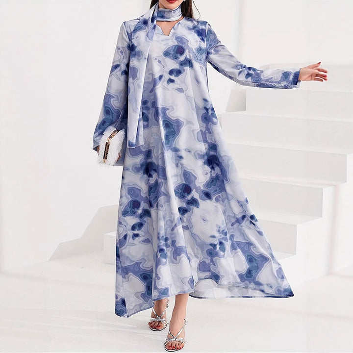 Damen Maxikleid mit kunstvollem Muster und elegantem Stehkragen Drune