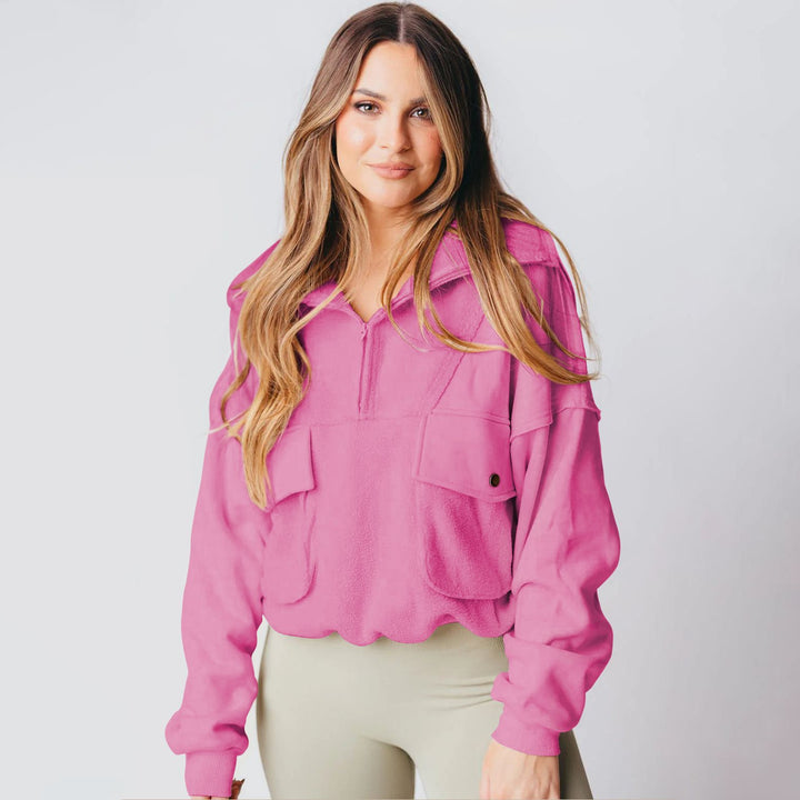 Damen lässiger Fleece-Pullover mit praktischen Tasche und hohem Kragen Drune