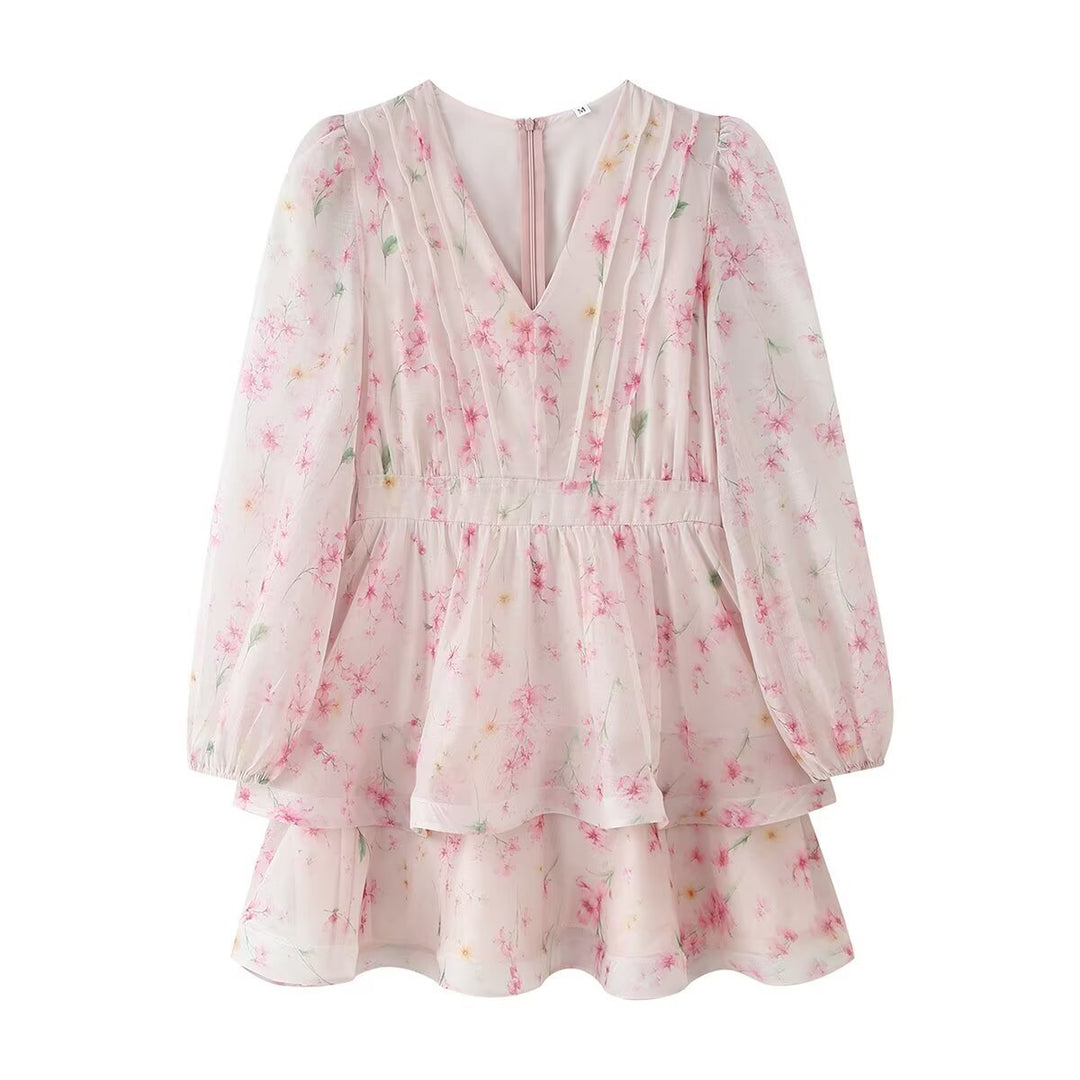 Damen Romantisches Chiffon-Minikleid mit V-Ausschnitt, Plisseeoberteil und Stufenvolants Drune