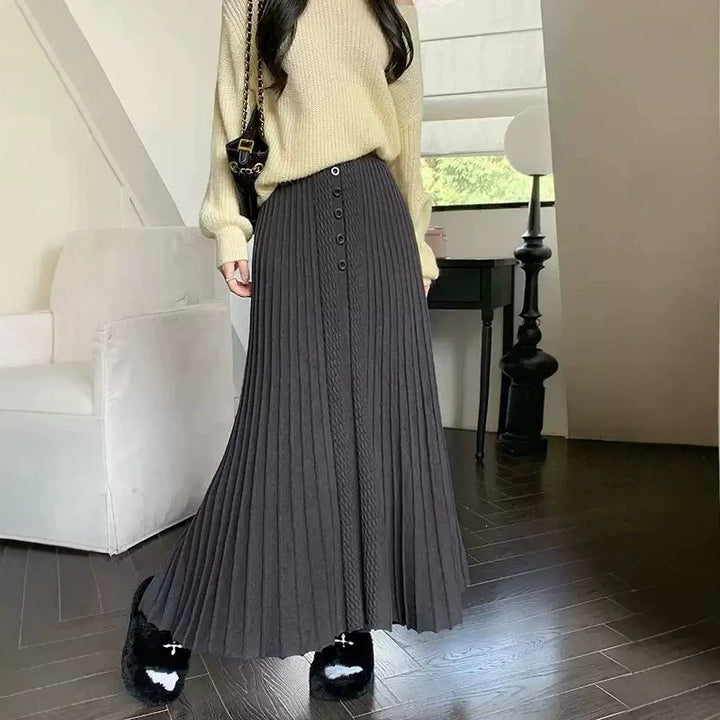 Damen Eleganter Plissee-Maxirock mit Knopfdetails Drune