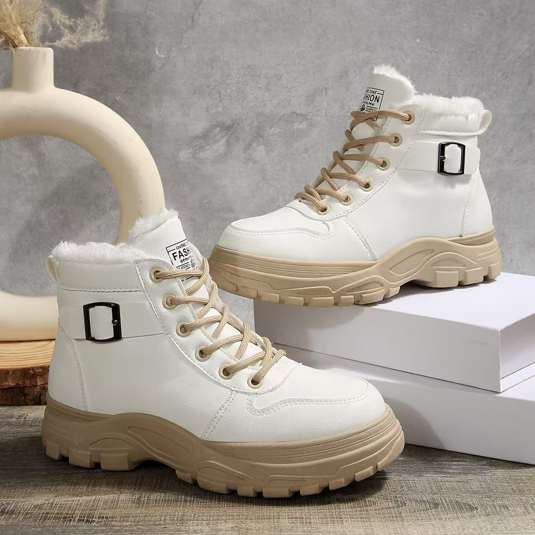 Damen  gefütterte Plateau-Schnürstiefelette mit dekorativer Metallschnalle und profilierter Gummilaufsohle Drune