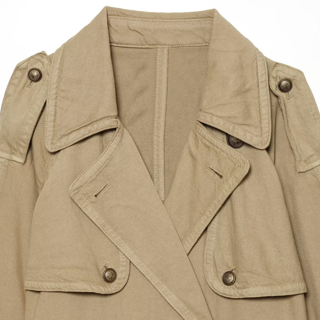 Damen Cropped Trench-Capejacke mit doppelreihiger Knopfleiste, Schulterpatten und Bindegürtel Drune
