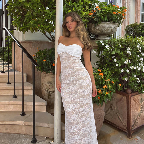 Damen Corsage Maxikleid mit raffiniertem Spitzenmuster und trägerlosem Design Drune