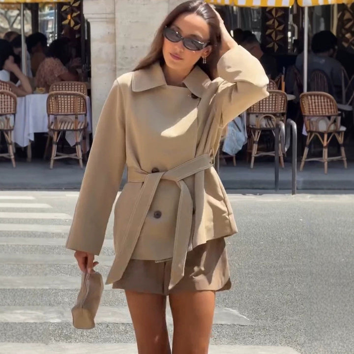 Damen Taillierte Kurzjacke mit Bindegürtel und überschnittenen Ärmeln Drune