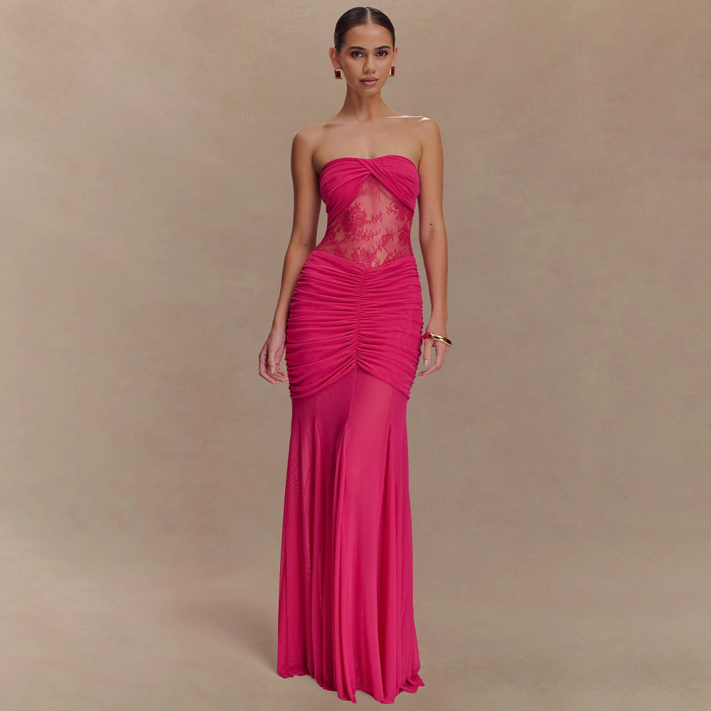 Damen Elegantes Maxikleid mit raffiniertem Spitzen-Einsatz und Raffung Drune