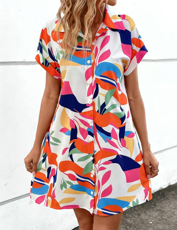 Damen Lockeres Hemdblusenkleid mit Knopfleiste, Reverskragen und floralem Print Drune