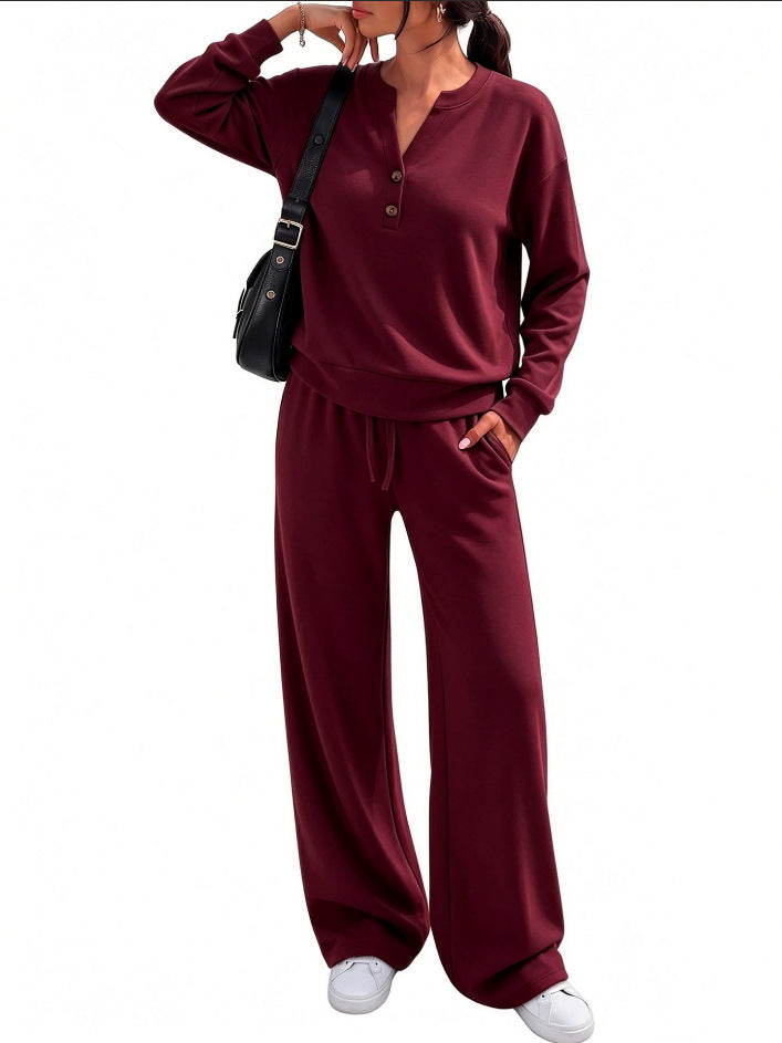 Damen Lounge-Set mit Henley-Kragen und palazzoweiter Jogginghose Drune