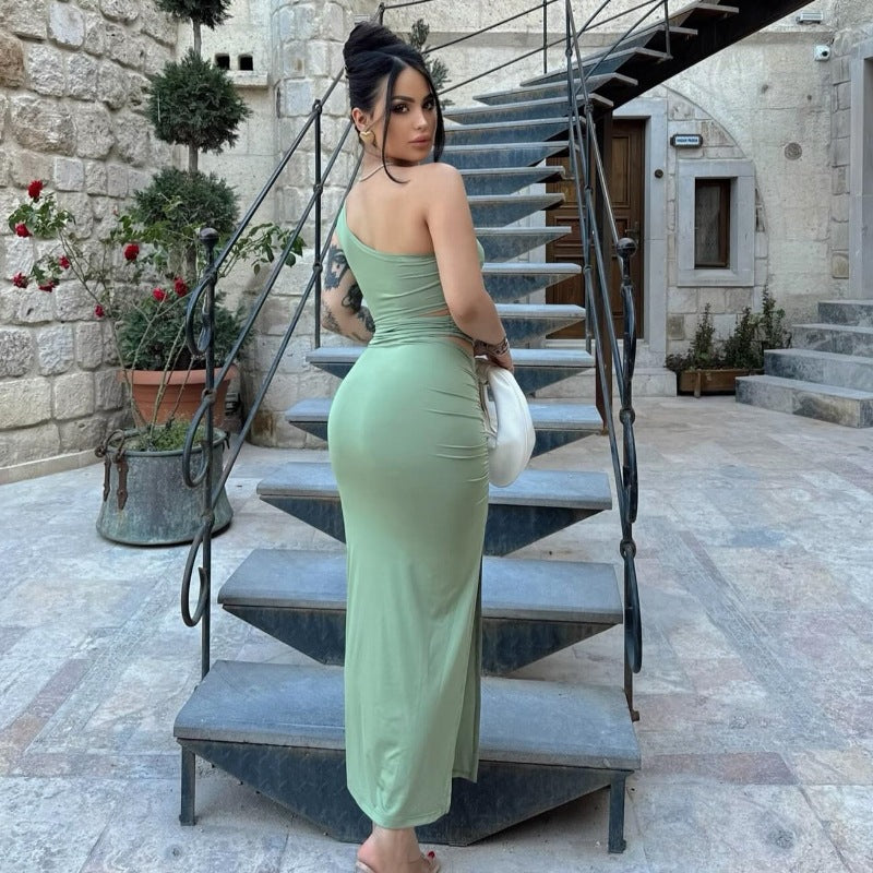 Damen asymmetrisches Maxikleid mit Rüschen und hohem Seitenschlitz Drune