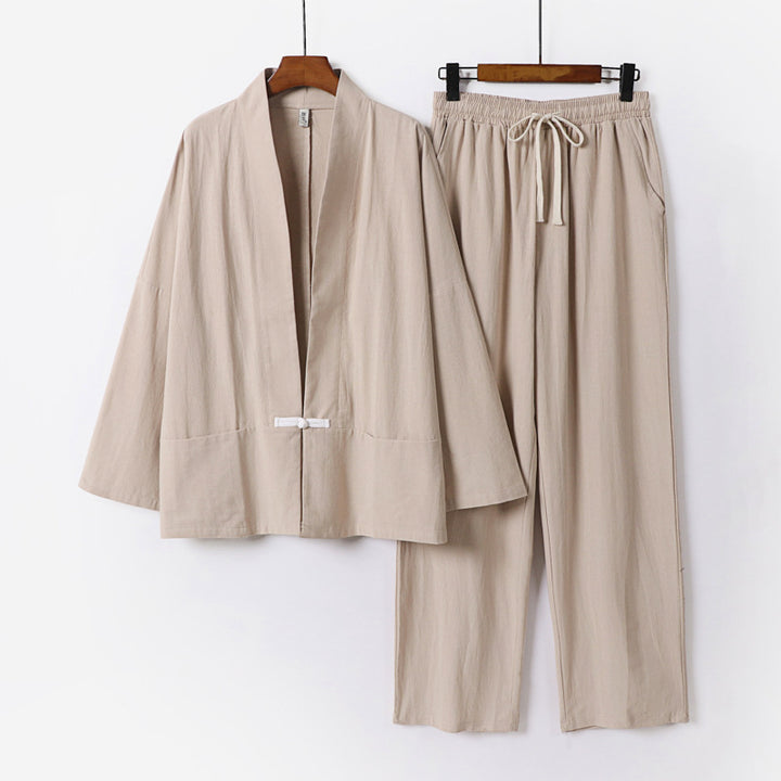 Herren Zen-inspiriertes Kimono-Loungewear-Set aus leichter Baumwollmischung mit offenem Schnitt und Kordelbundhose Drune