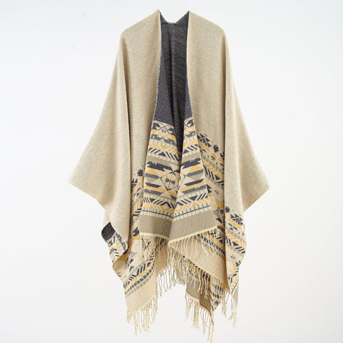 Damen Oversize-Poncho aus Wollmix mit Jacquardbordüre und Fransensaum Drune