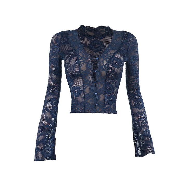 Damen Spitzenbluse mit tiefem V-Ausschnitt und langen Ärmeln Drune