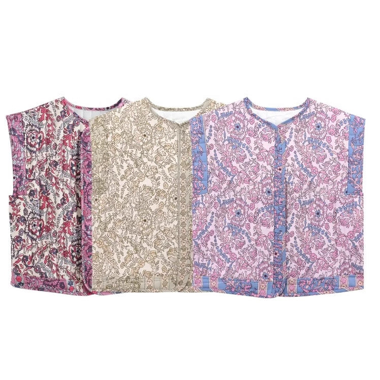 Damen Gesteppte Weste mit Floralem Design und Praktischen Taschen Drune